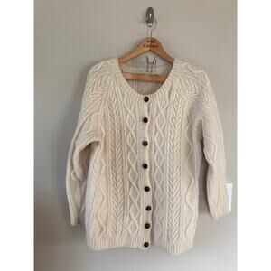 Vtg 70s ? Cream Wool Cable Knit Fisherman Cardigan Sweater XL-1X Leather Buttons